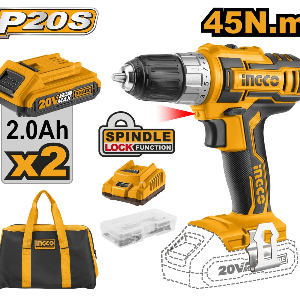 Masina de insurubat si gaurit  cu acumulator Li-Ion 20V/2*2Ah INGCO CDLI2002