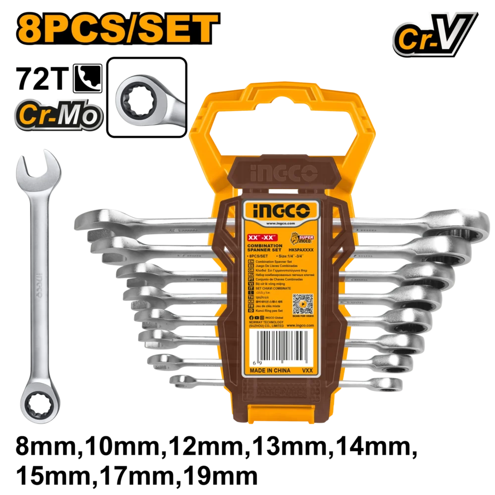 Set chei combinate cu clinchet  8 buc 8-19mm INGCO HKSPAR1082