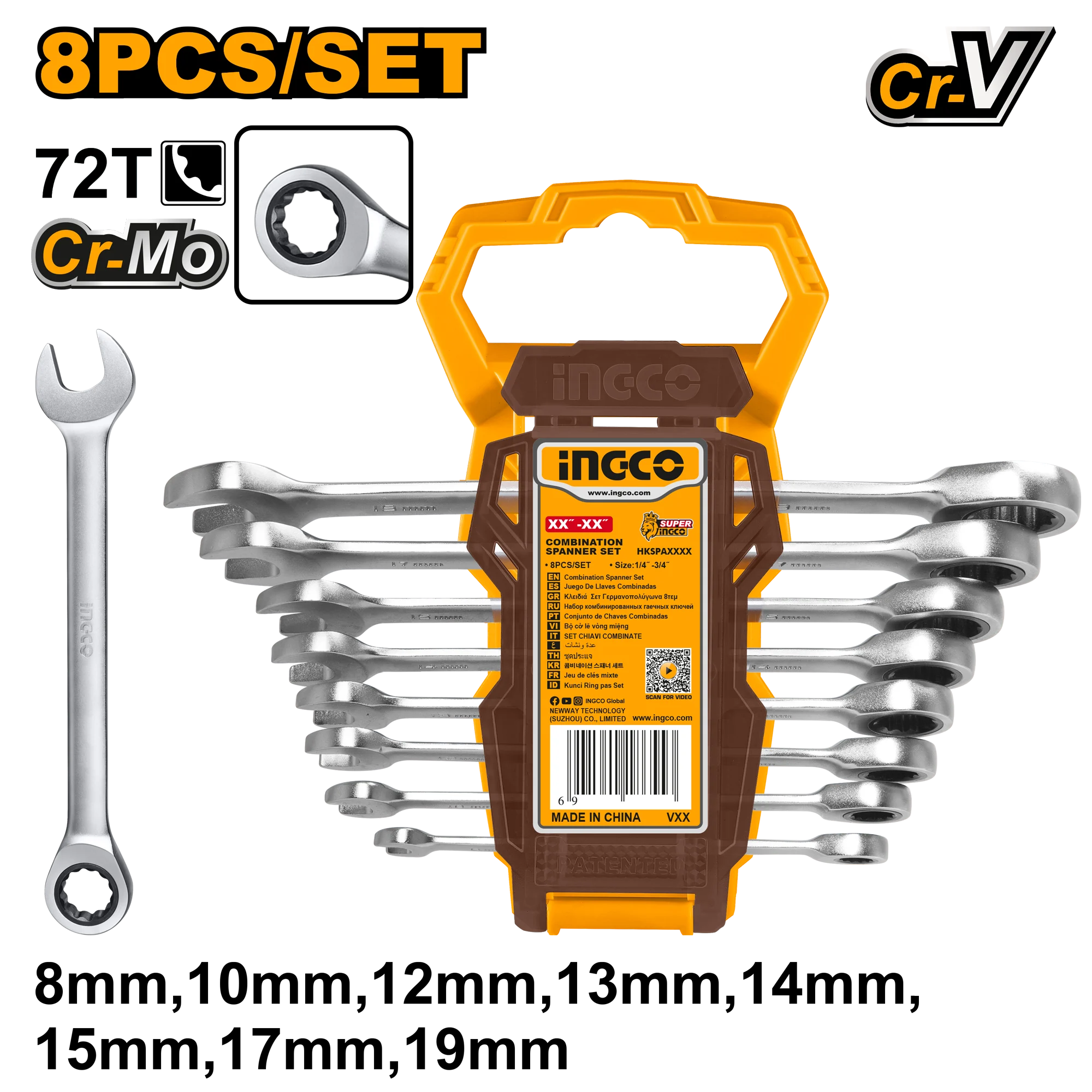 Set chei combinate cu clinchet 8 buc 8-19mm INGCO HKSPAR1082 Set chei combinate cu clinchet 8 buc 8-19mm INGCO HKSPAR1082