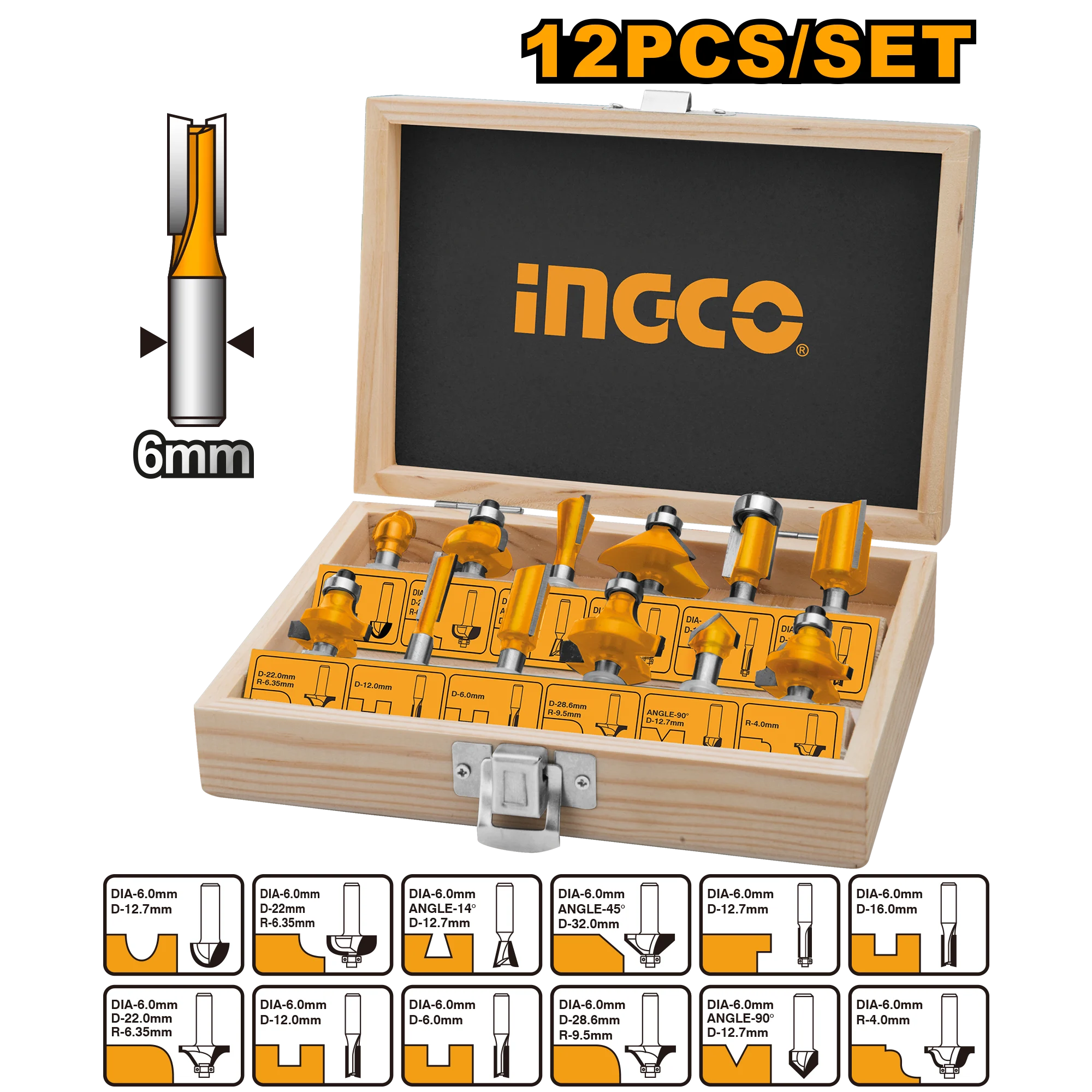 Набор фрез 6мм 12шт. INGCO AKRT1201 Set freze 6mm 12buc. INGCO AKRT1201