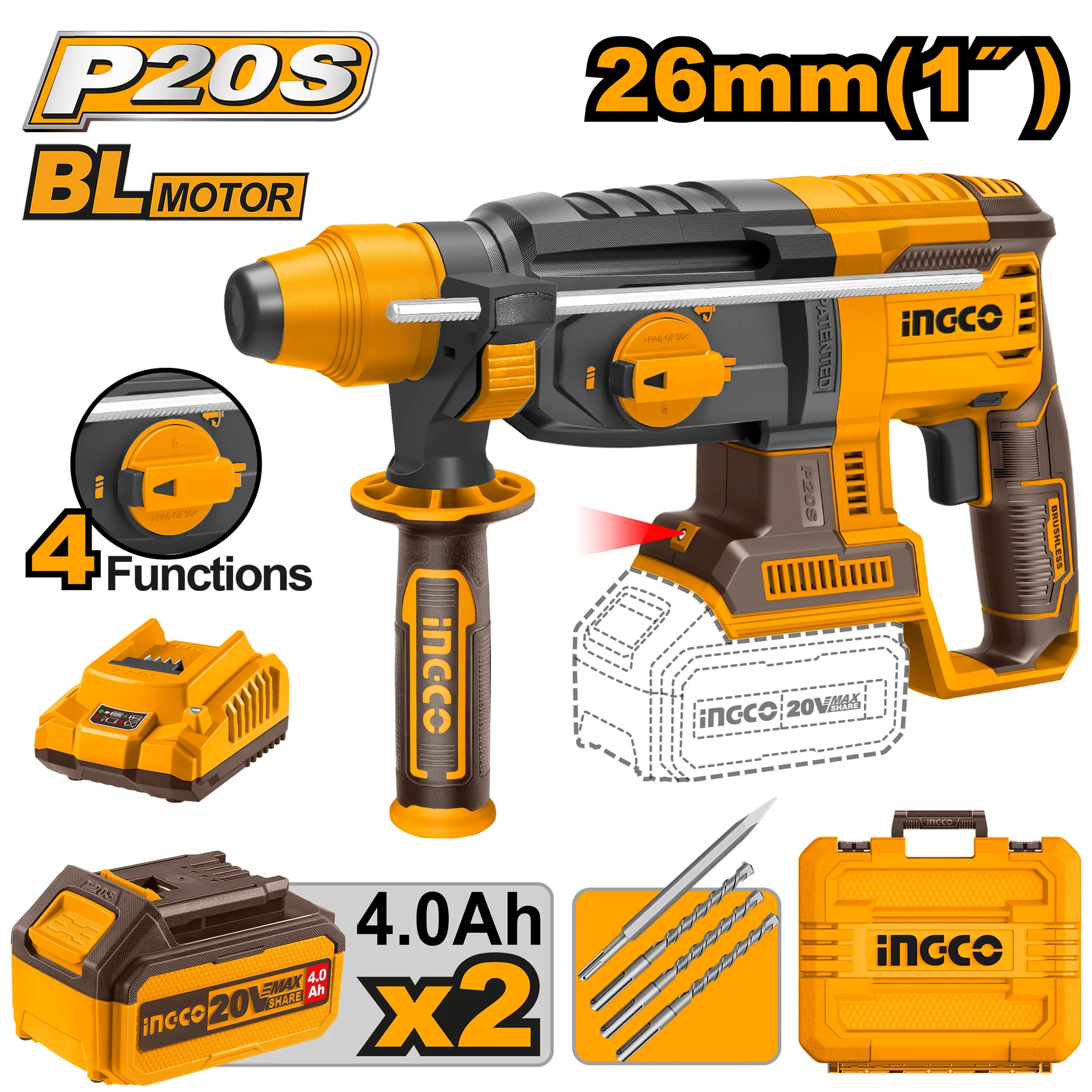 Перфоратор аккумуляторный SDS plus 2,0J INDUSTRIAL INGCO CRHLI202287 бесщеточный Ciocan rotopercutor SDS plus 2,0J INDUSTRIAL INGCO CRHLI202287 Brushless
