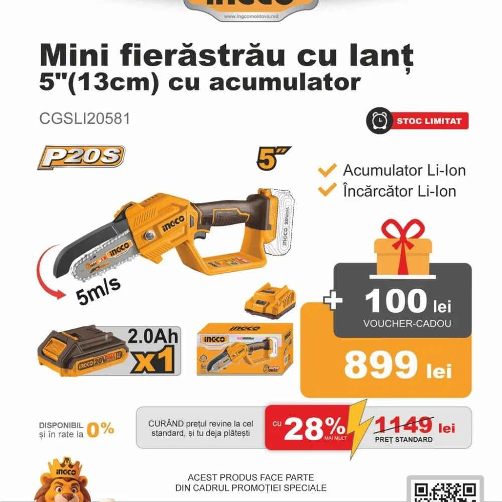 Mini fierăstrău cu lant cu acumulator  INGCO CGSLI20581