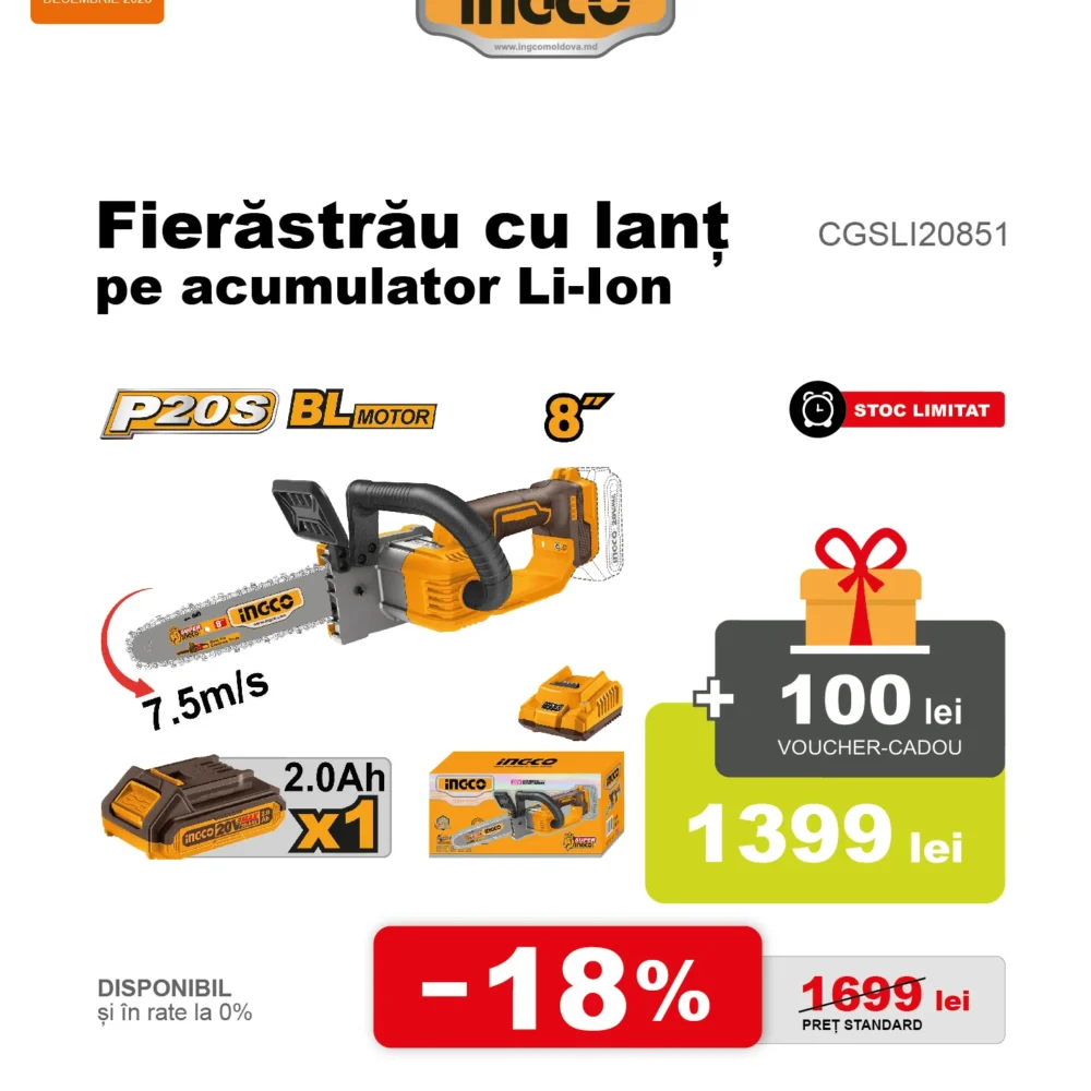 Ferestrau cu lant cu accumulator Li-Ion 20V/1*2.0Ah INGCO CGSLI20851