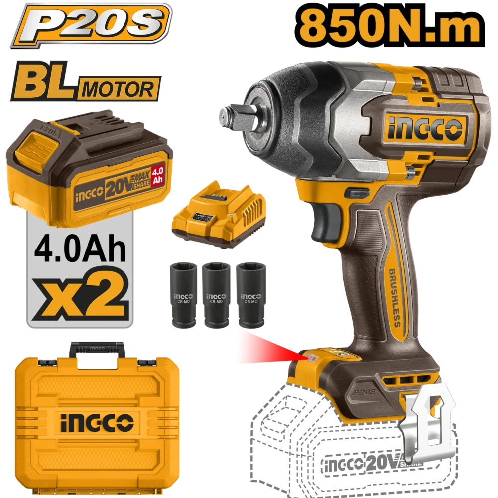 Masina de insurubat cu impact pe acumulator Li-Ion 20V/2*4A 850Nm INGCO CIWLI2085