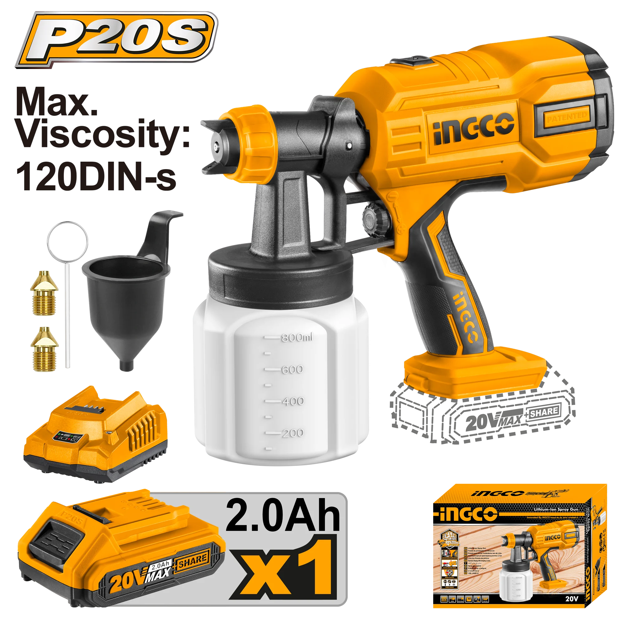 Pistol de pulverizare pe acumulator 20V/2.0Ah INGCO CSGLI20406 Pistol de pulverizare pe acumulator 20V/2.0Ah INGCO CSGLI20406