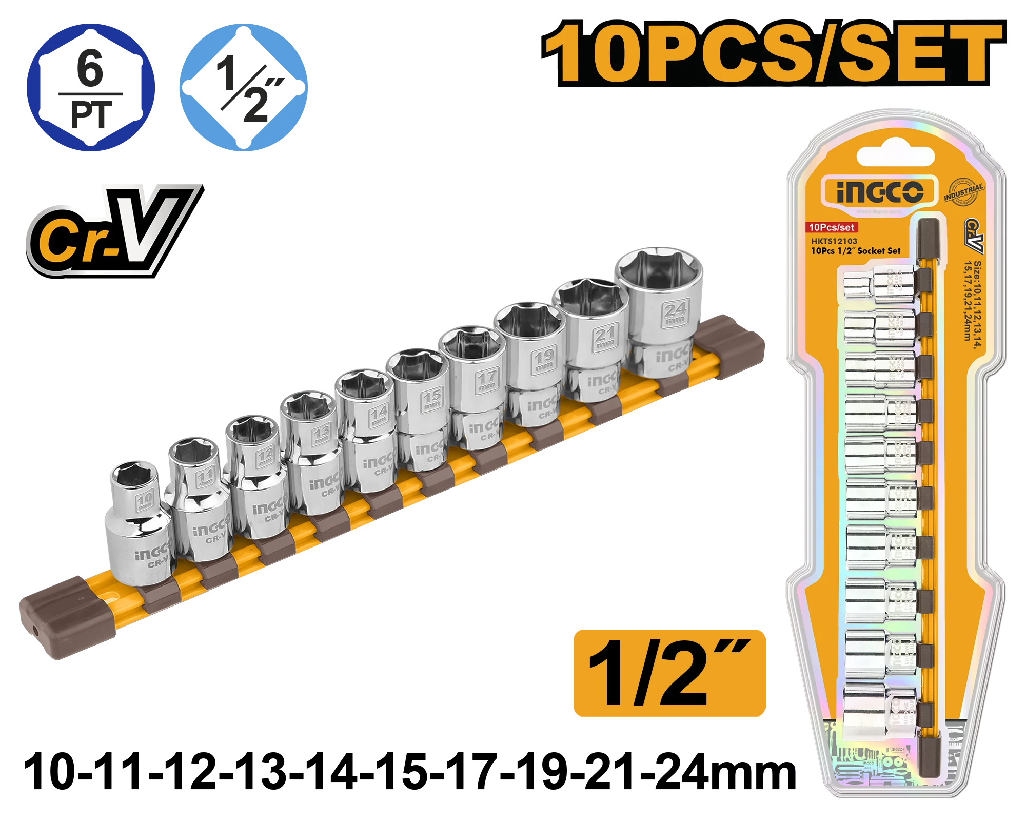 Set de capuri tubulare 10 buc 10-24mm INGCO HKTS12103 Set de capuri tubulare 10 buc 10-24mm INGCO HKTS12103