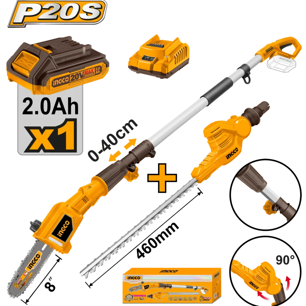 SET Fierăstrău telescopic cu lanț(cu acumulator) +Tăietor de arbuști INGCO CPTS201681