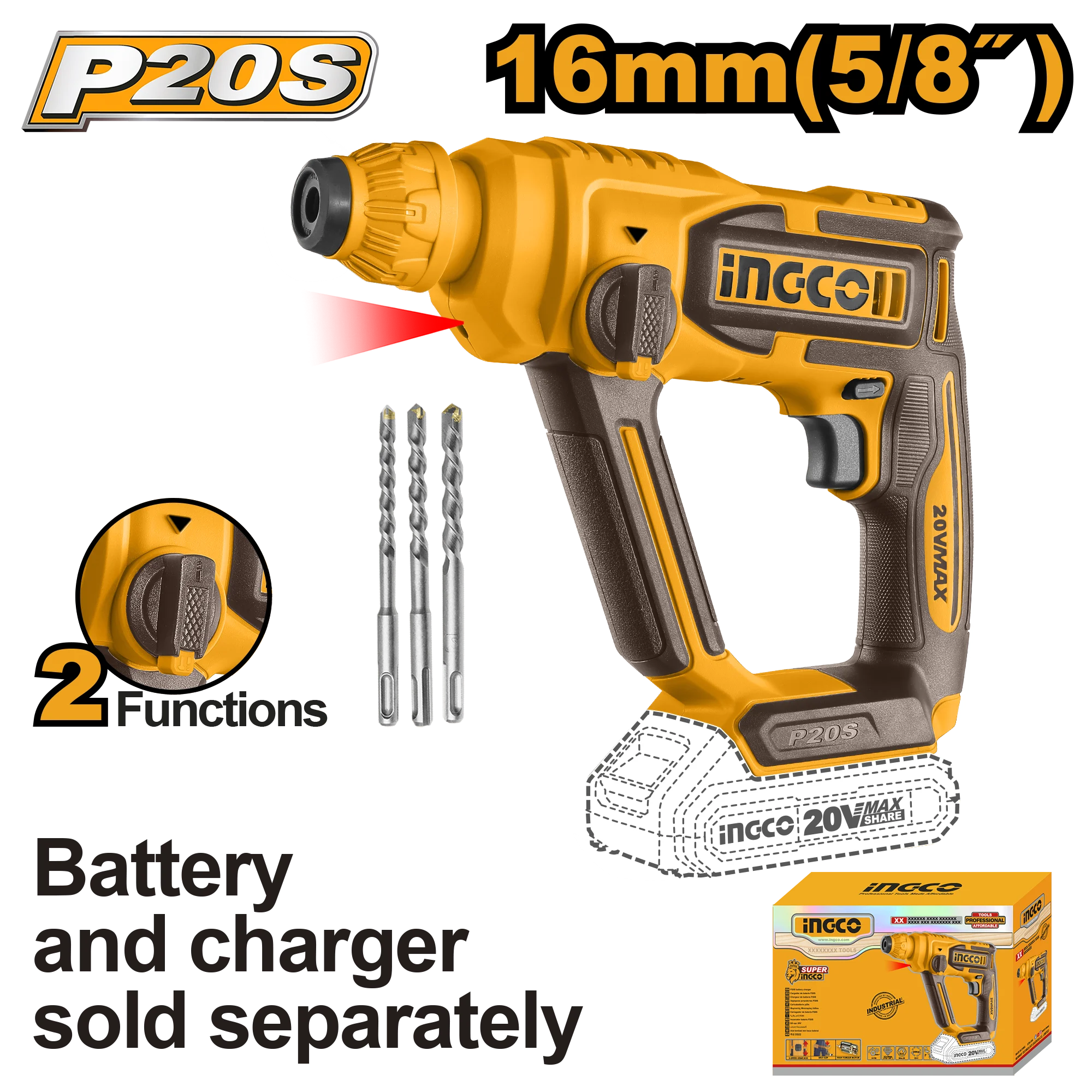 Перфоратор SDS plus (без аккумулятора) 16 мм 1,5 Дж INGCO CRHLI20168 Ciocan rotopercutor SDS plus compatibil cu acumulator 16mm 1.5J INGCO CRHLI20168