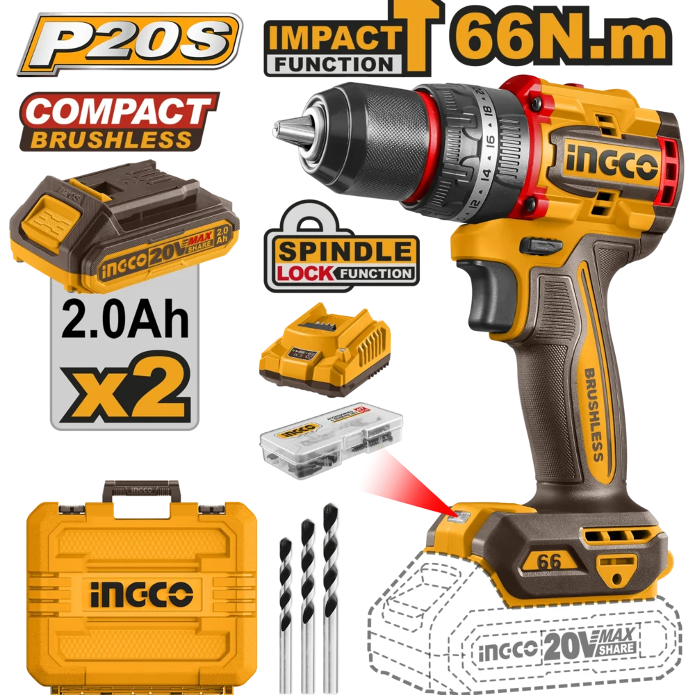 Masina de insurubat si gaurit cu impact cu acumulator 20V/2*2Ah  66N.m INGCO CIDLI20668