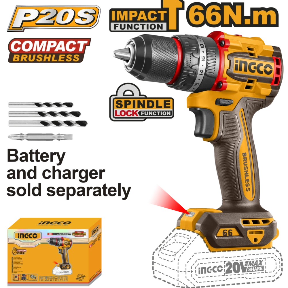 Masina de insurubat si gaurit cu impact pe acumulator (fara acum) 66N.m INGCO CIDLI206681