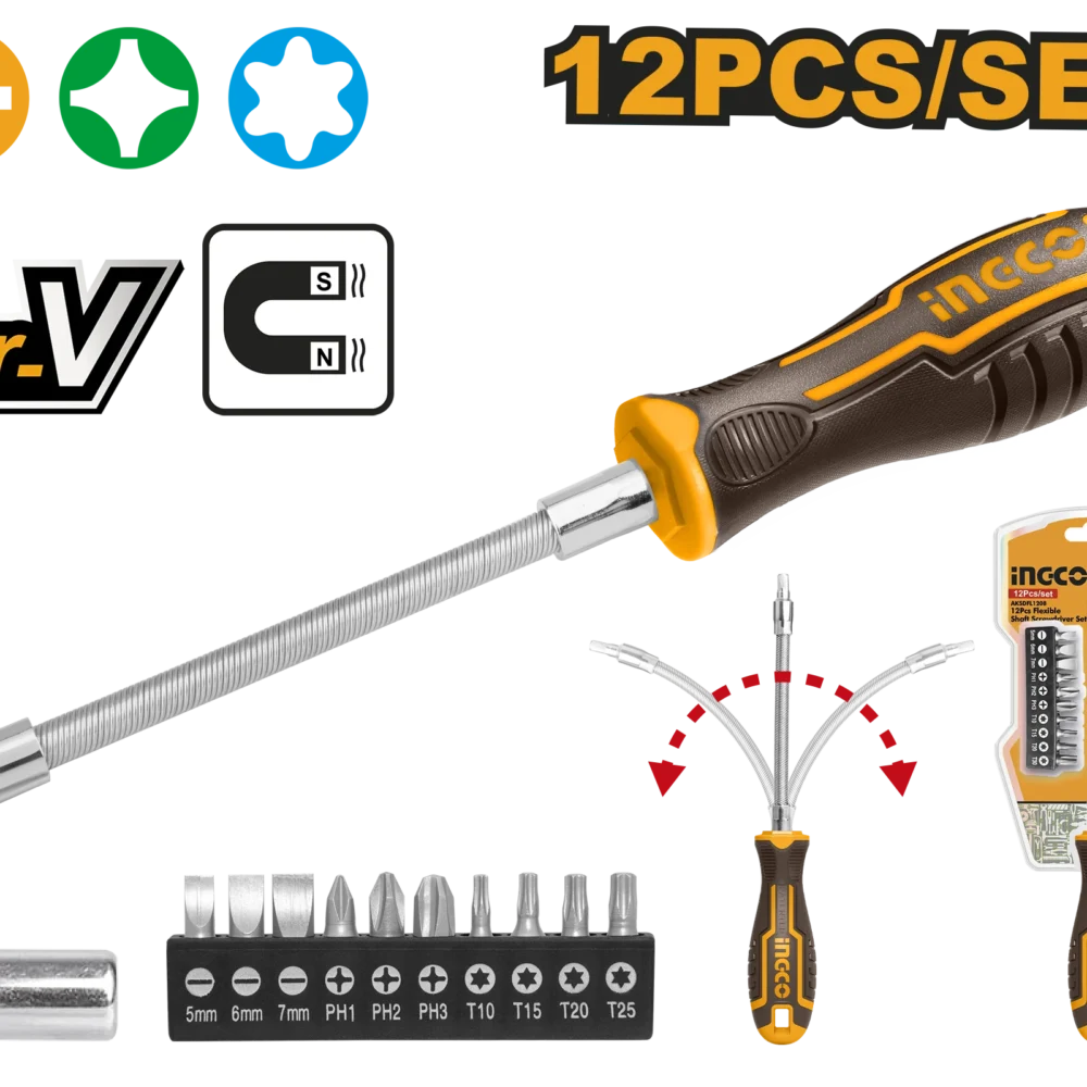 Set de șurubelnițe cu ax flexibil 12 piese INGCO AKSDFL1208