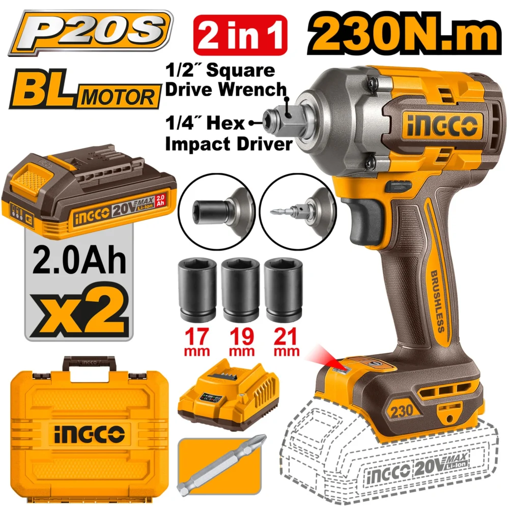 Masina de insurubat cu impact BLmotor Li-Ion 20V/2*2Ah 230N.m INGCO CIWLI20236