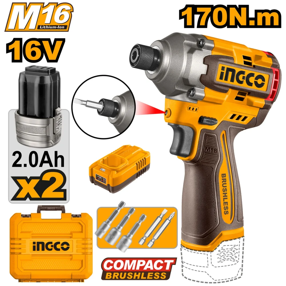 Masina de insurubat cu impact cu acumulator  Li-Ion 16V/2*2Ah 170N.m  INGCO CIRLI16178