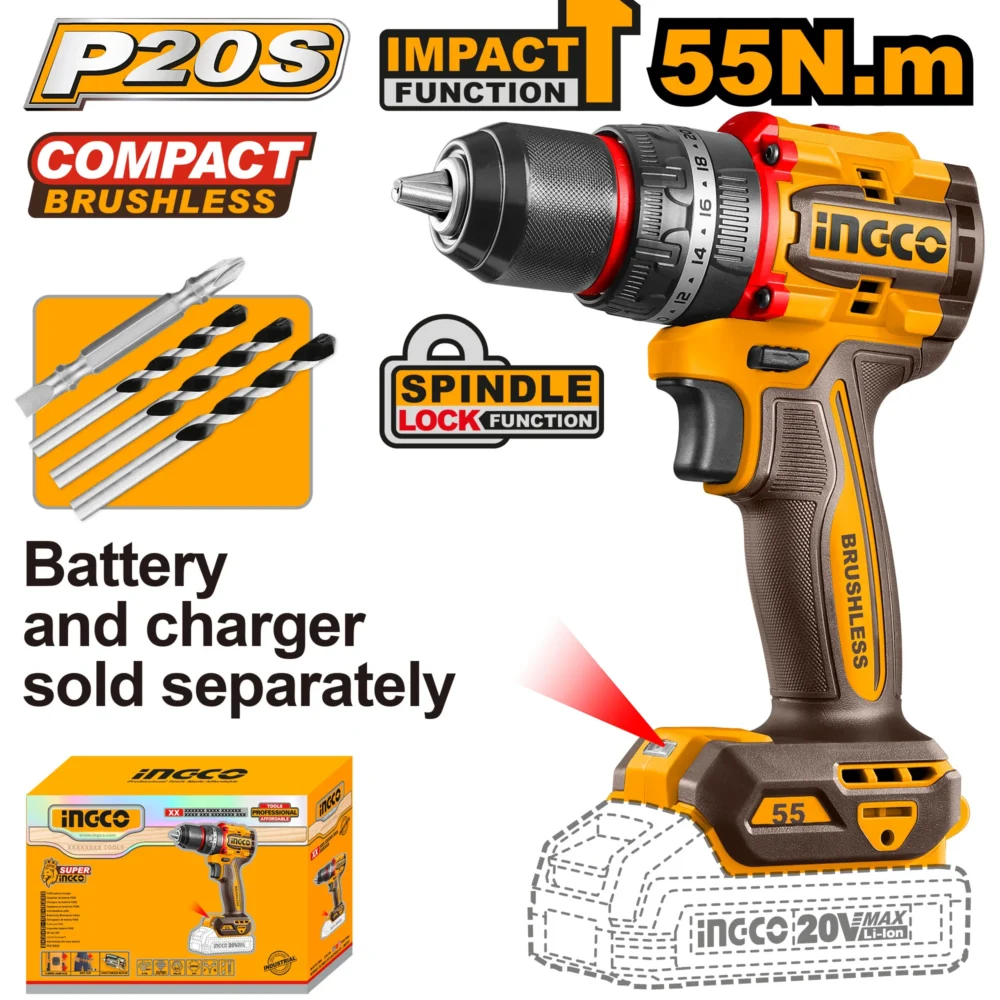 Mașina de înșurubat și găurit  cu impact pe acumulator 55Nm (fara acum.) INGCO CIDLI205581