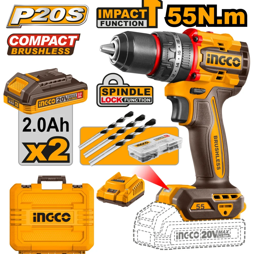 Mașina de înșurubat și găurit  cu impact pe acumulator  2*2.0 Ah  55Nm INGCO CIDLI20558