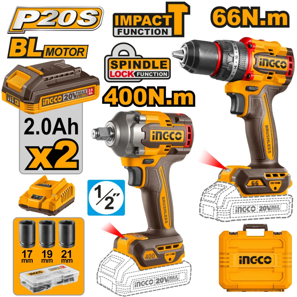 Set din 2 mașini de înșurubat cu acumulator Li-Ion 20V/2*2Ah INGCO CKLI20275