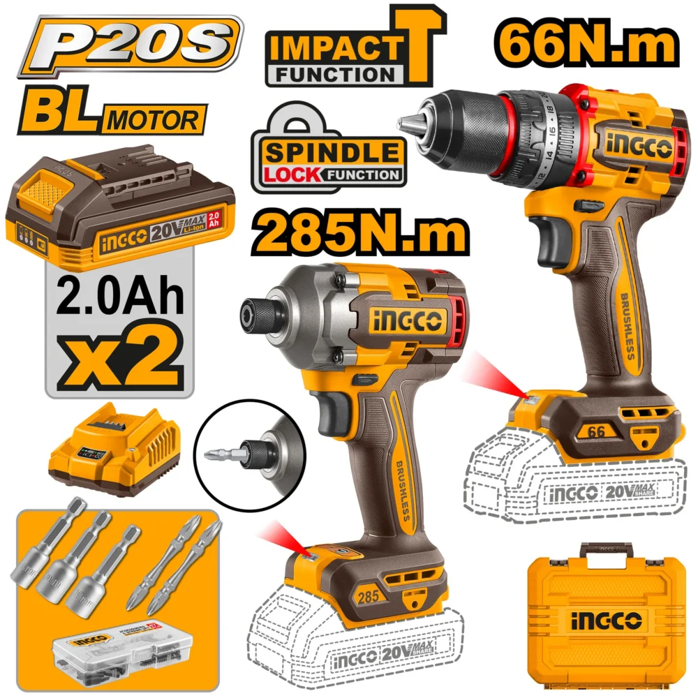 Set din 2 mașini de înșurubat cu acumulator Li-Ion 20V/2*2Ah INGCO CKLI20277
