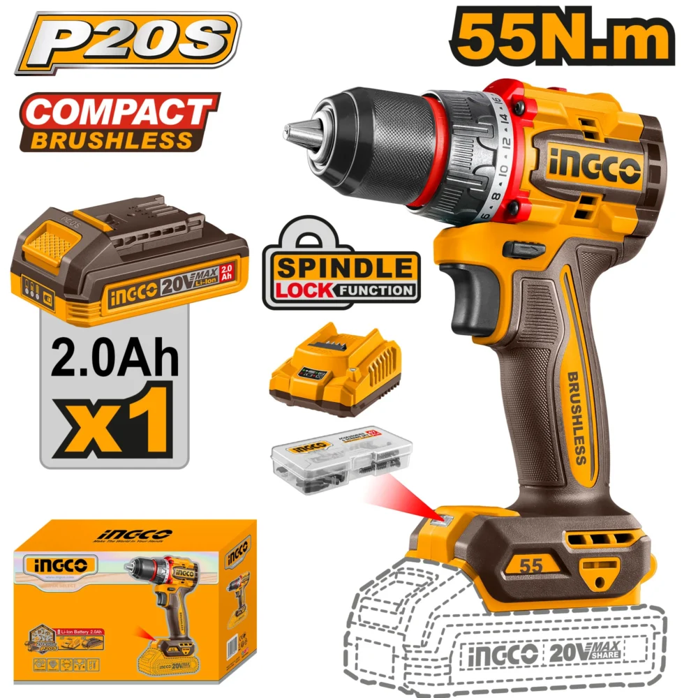 Mașina de înșurubat și găurit  pe acumulator  1*2.0 Ah  55Nm INGCO CDLI205582