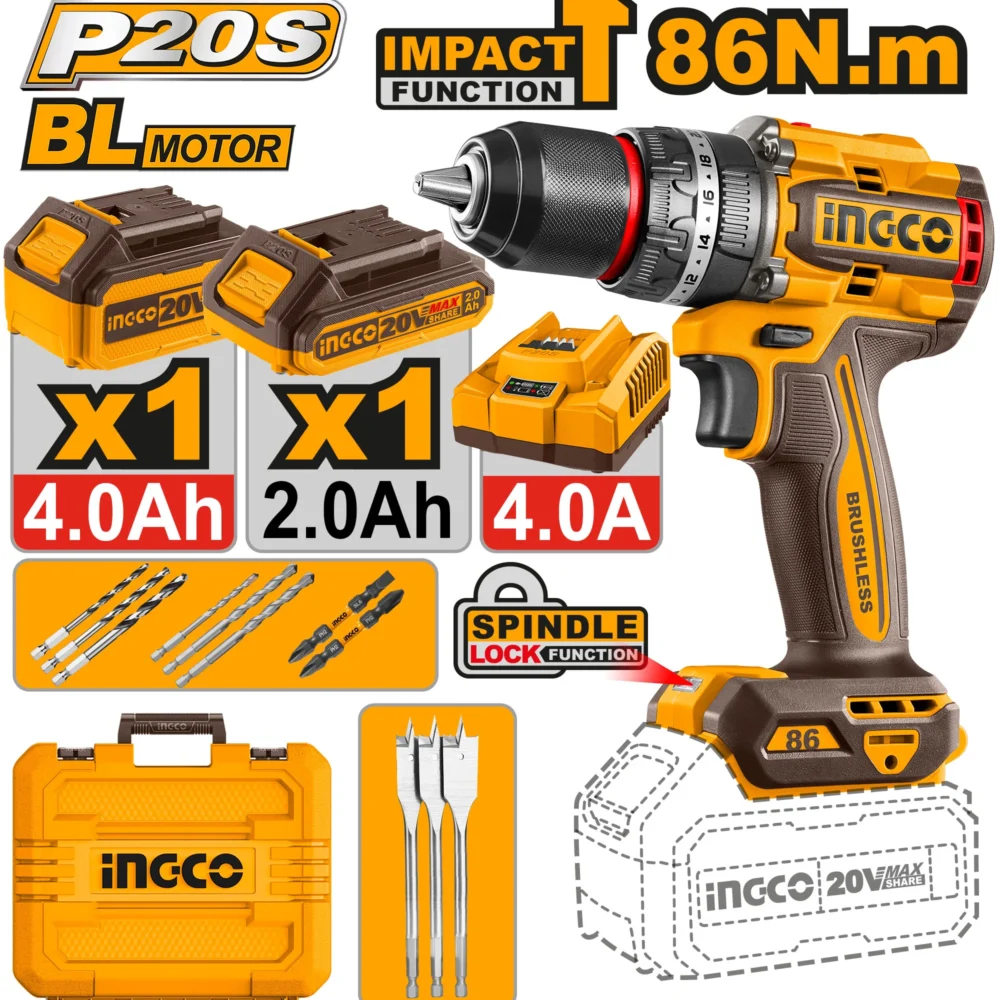 Mașină de înșurubat și găurit cu impact cu acumulator 1*2.0Ah/1*4.0Ah  86N.m INGCO CIDLI20868