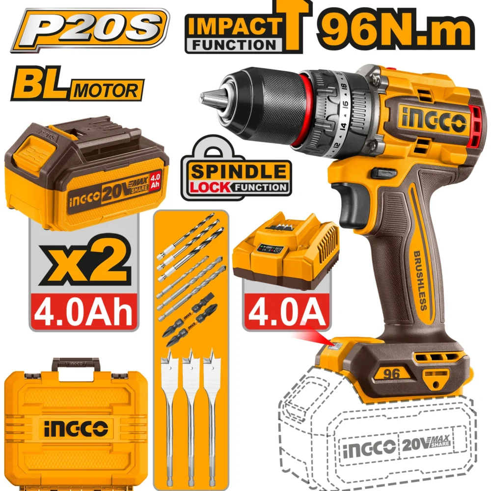 Mașină de înșurubat și găurit cu impact pe acumulator 2*4,0Ah 96N.m INGCO CIDLI20968