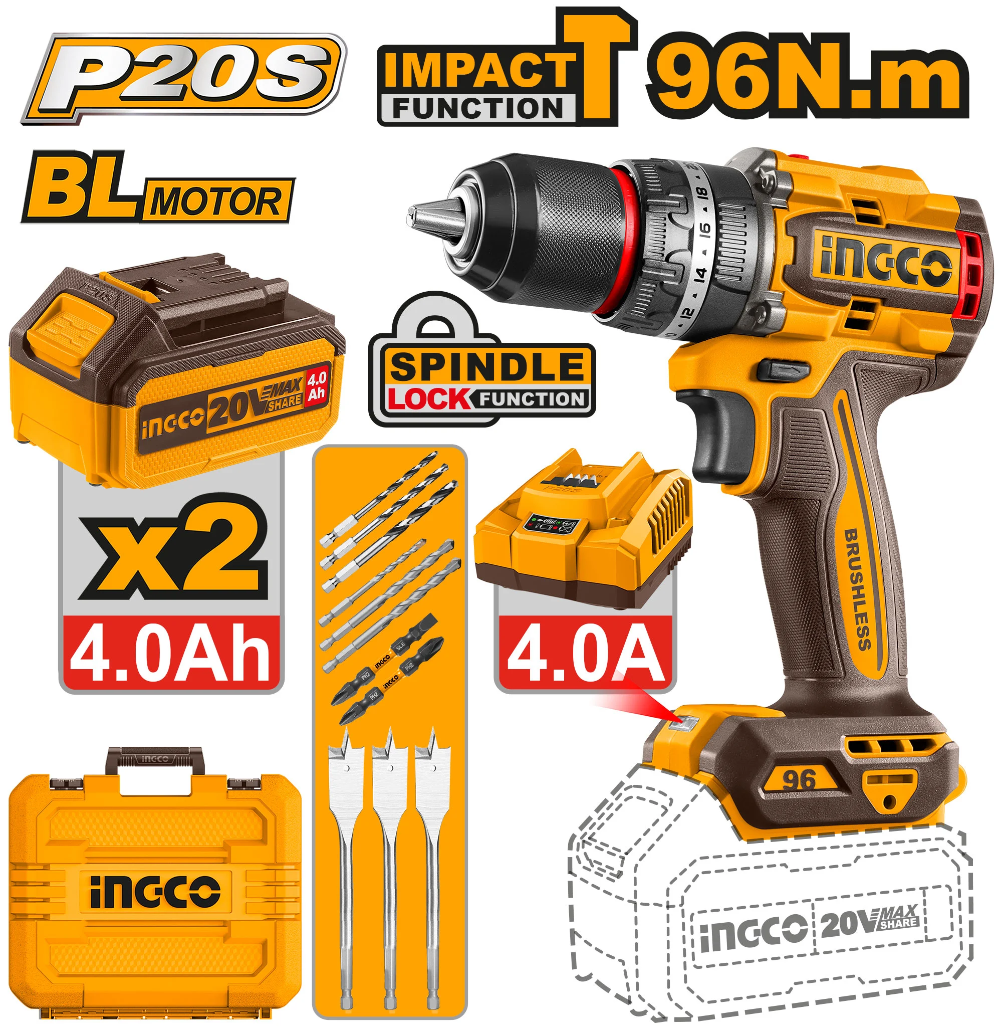 Mașină de înșurubat și găurit cu impact pe acumulator 2*4,0Ah 96N.m INGCO CIDLI20968 Mașină de înșurubat și găurit cu impact pe acumulator 2*4,0Ah 96N.m INGCO CIDLI20968