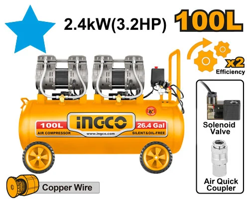 Compresor fara ulei 100L  2400W  INGCO ACS2241001 (zgomot redus )