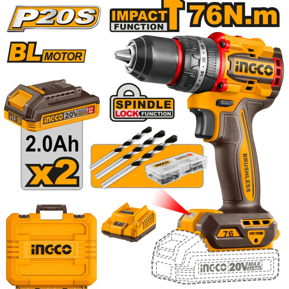 Mașină de înșurubat și găurit cu impact cu acumulator 20V/2*2Ah 76N.m INDUSTRIAL INGCO CIDLI20768