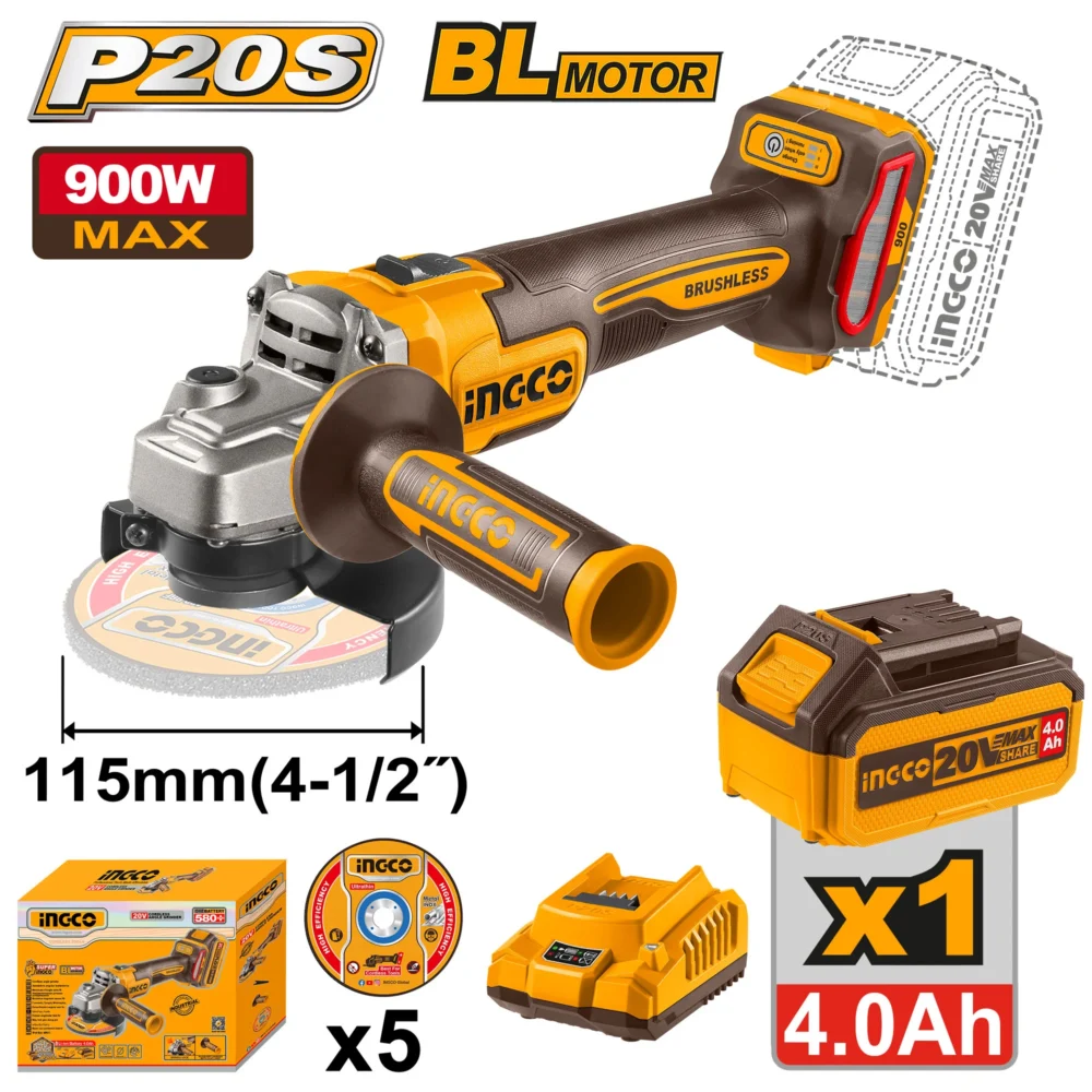 Polizor unghiular 115mm cu acumulator 20V/1*4Ah 900W  INDUSTRIAL INGCO CAGLI261521