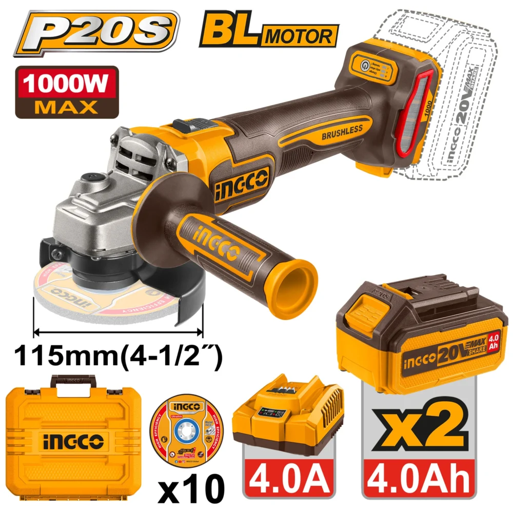 Polizor unghiular 115mm cu acumulator  20V/2*4.0Ah  1000W  INDUSTRIAL INGCO CAGLI271532