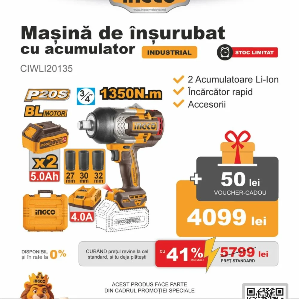 Masina de insurubat  cu acumulator 2*5.0Ah 1350Nm INGCO CIWLI20135