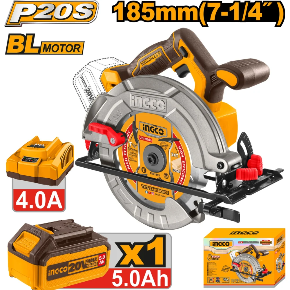 Ferestrău circular cu acumulator BLmotor 185mm 20V/1*5.0Ah INGCO CSLI18513