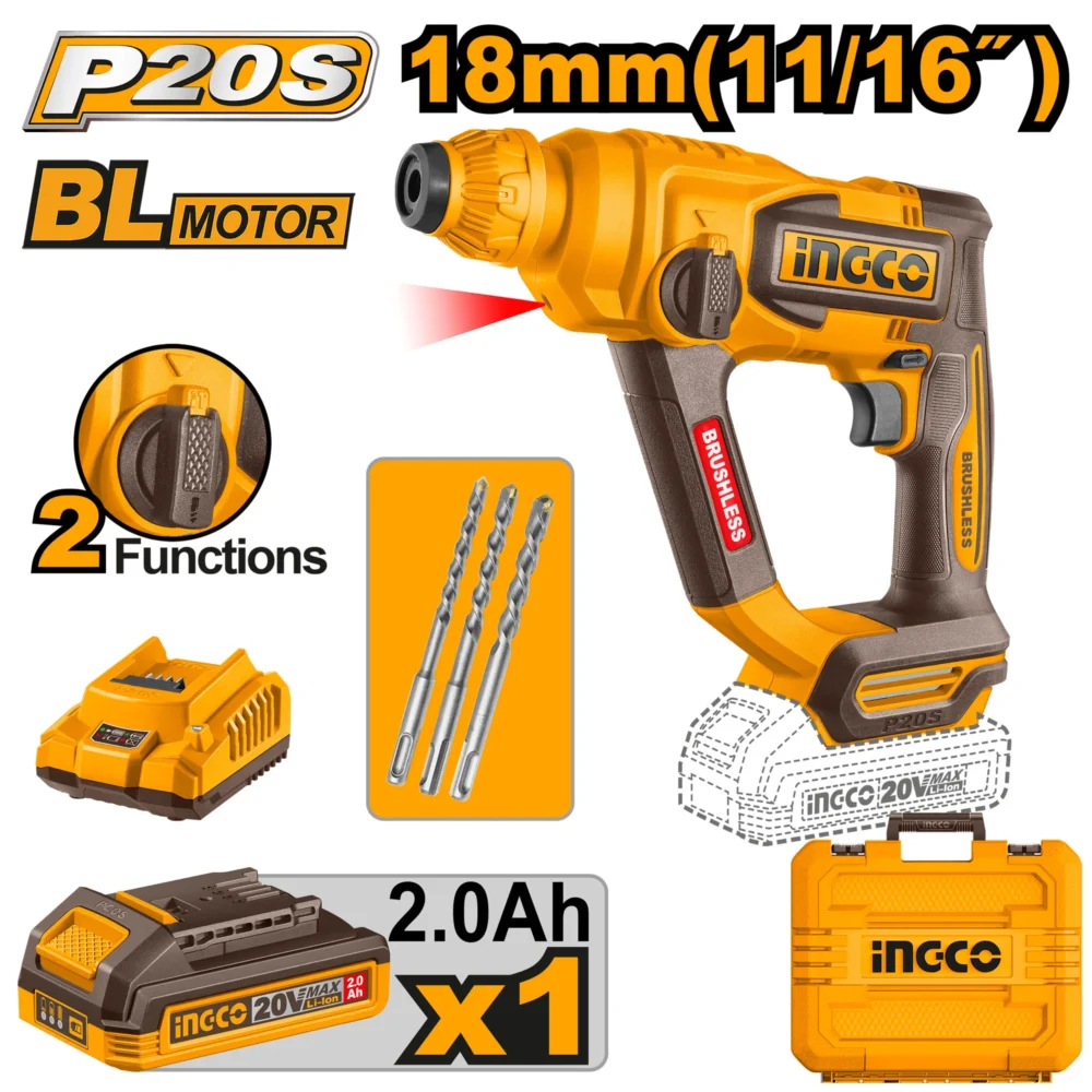 Ciocan rotopercutor cu acumulator 20V/1*2,0Ah 18mm BL motor  INGCO CRHLI201881