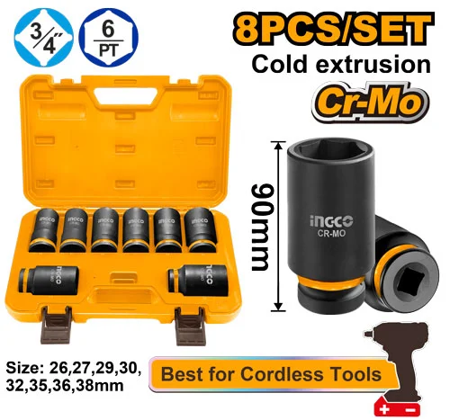 Set cap cheie tubulara 26-38mm 3/4'' impact lung 8 piese INGCO HKISSD34082L
