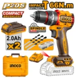 Masina de insurubat si gaurit cu impact cu acumulator 20V/2*2Ah  66N.m INGCO CIDLI20668