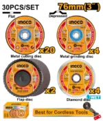 Set Discuri abrazive pentru taiere și șlefuire 76mm 30buc. INGCO MCD07630