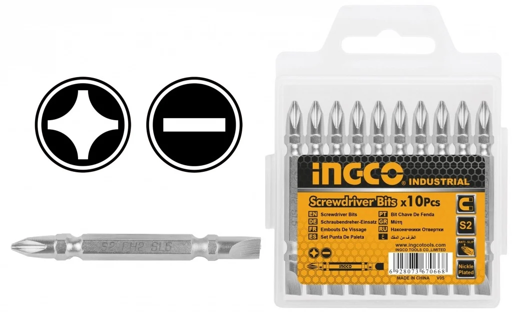 Set de biti PH2 + SL6 10 buc 65mm INGCO SDB21HL133 Set de biti PH2 + SL6 10 buc 65mm INGCO SDB21HL133