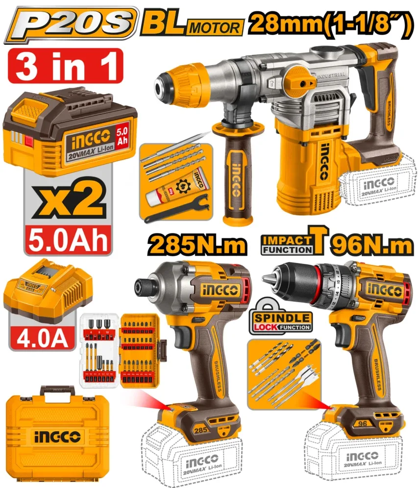 acocoセット Set din 3 scule cu acumulator 20V/2*5.0Ah INDUSTRIAL INGCO