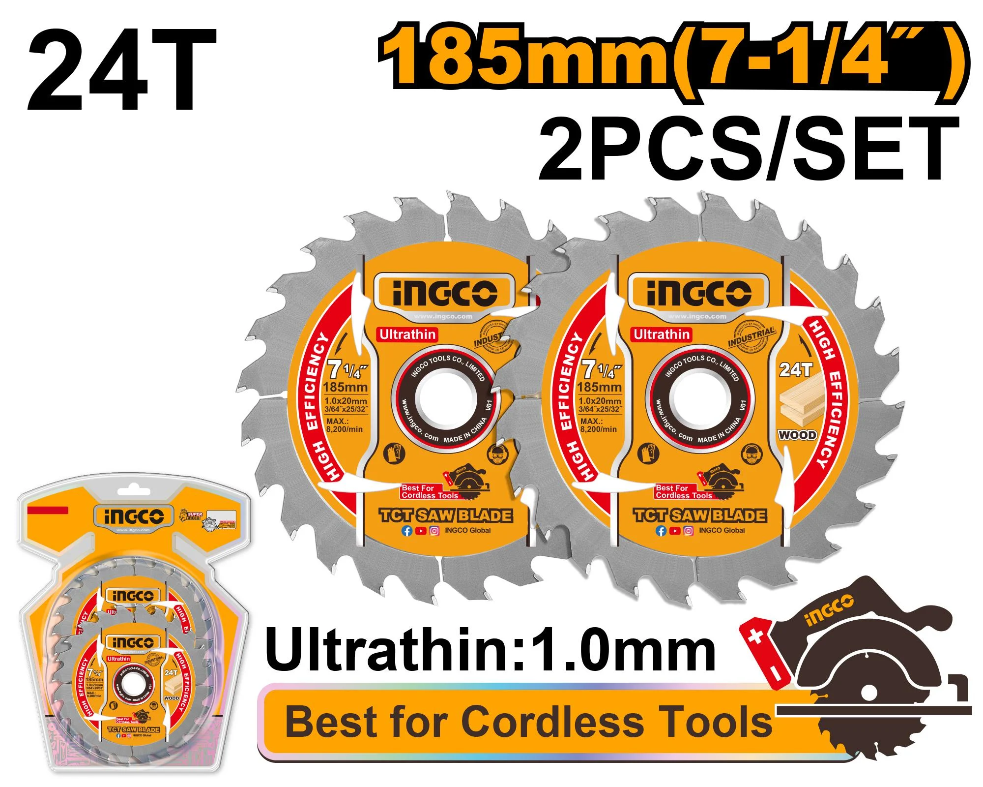 Set discuri pentru lemn 185mm 24T 2buc. INGCO TSB1853 Set discuri pentru lemn 185mm 24T 2buc. INGCO TSB1853