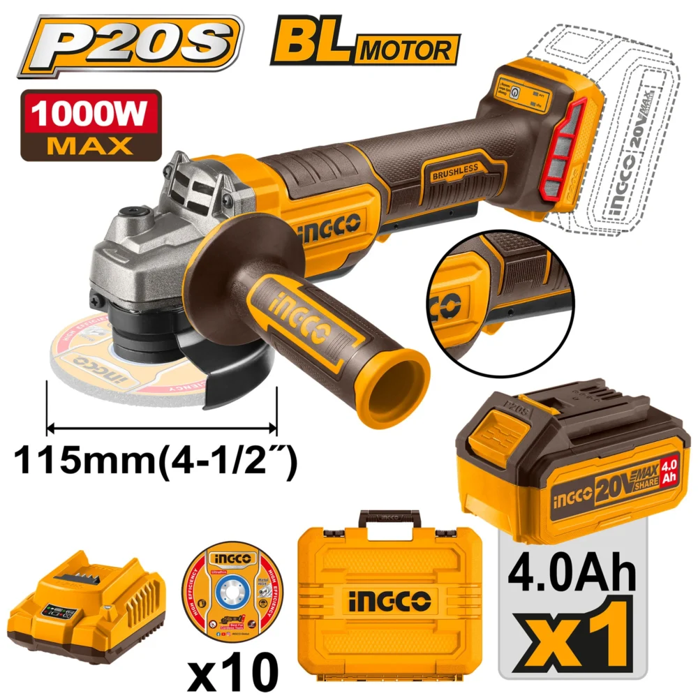 Polizor unghiular cu acumulator 20V/1*4Ah INGCO CAGLI2111561