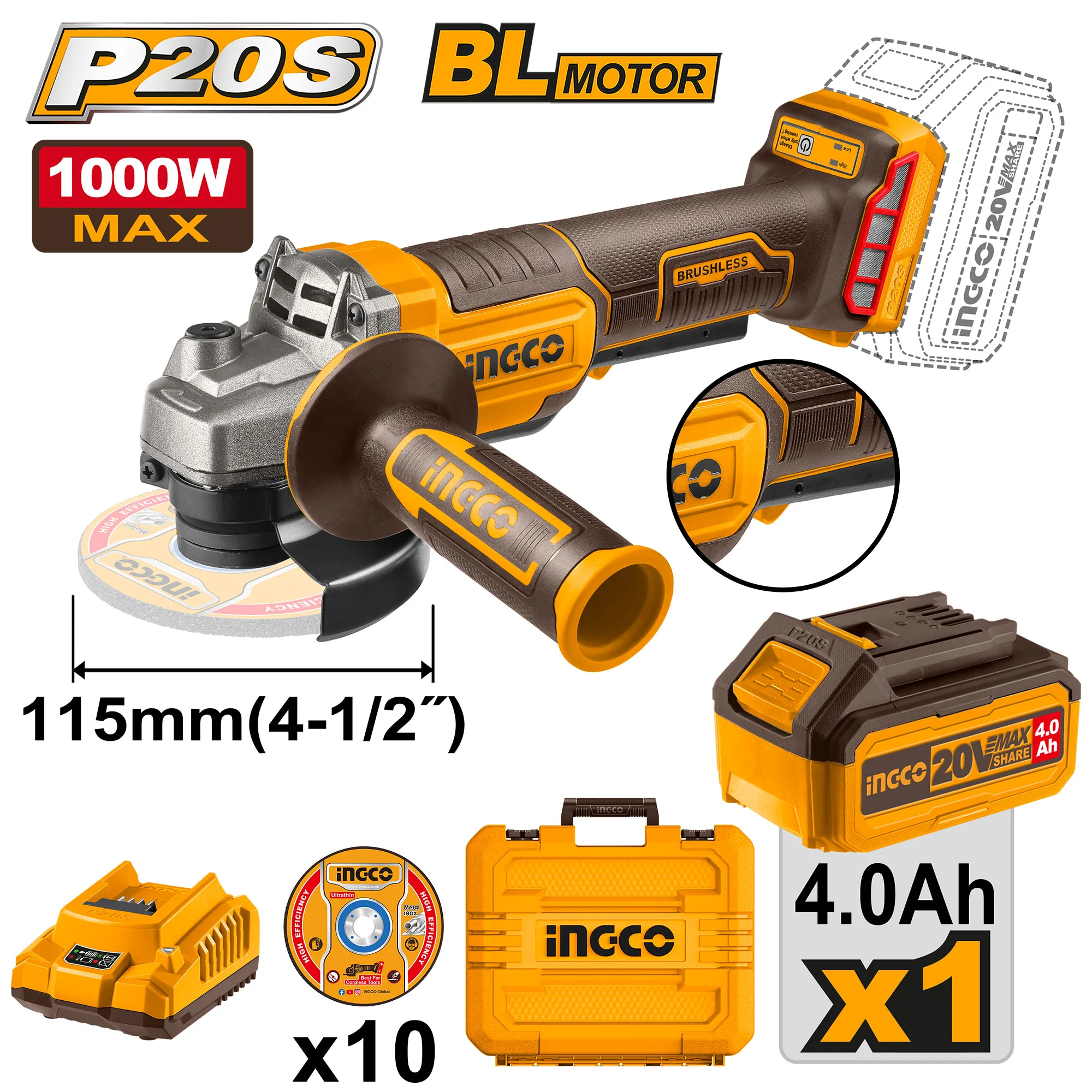 Polizor unghiular cu acumulator 20V/1*4Ah INGCO CAGLI2111561 Polizor unghiular cu acumulator 20V/1*4Ah INGCO CAGLI2111561