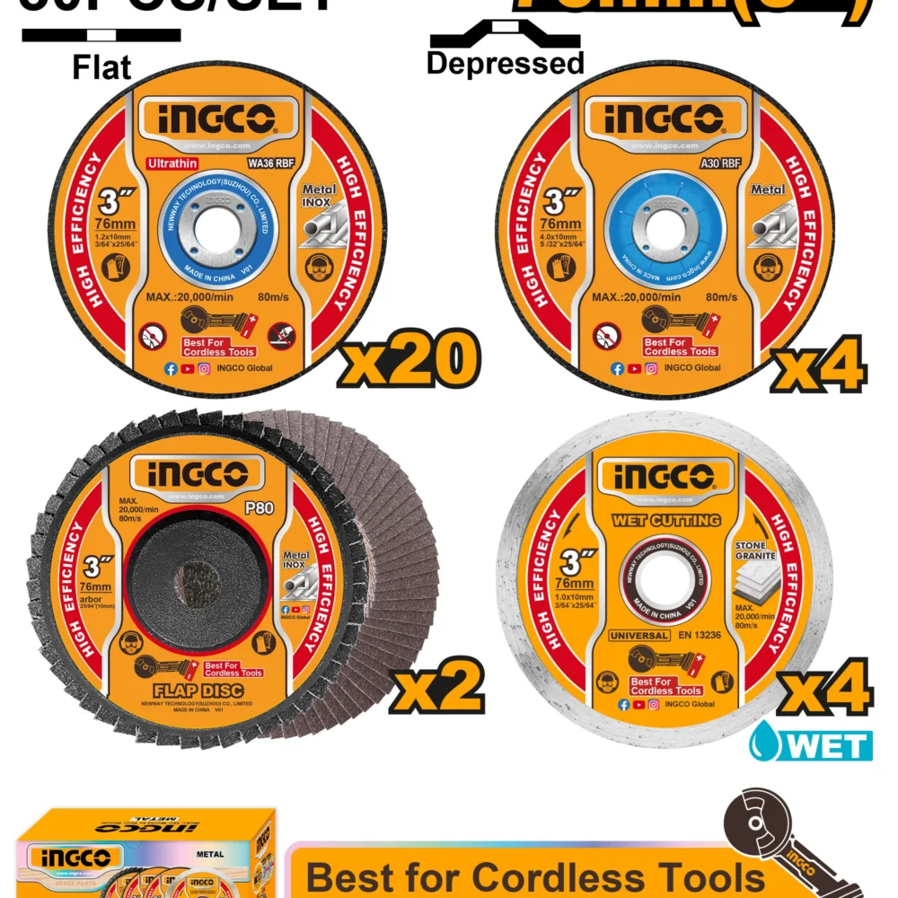 Set Discuri abrazive pentru taiere și șlefuire 76mm 30buc. INGCO MCD07630
