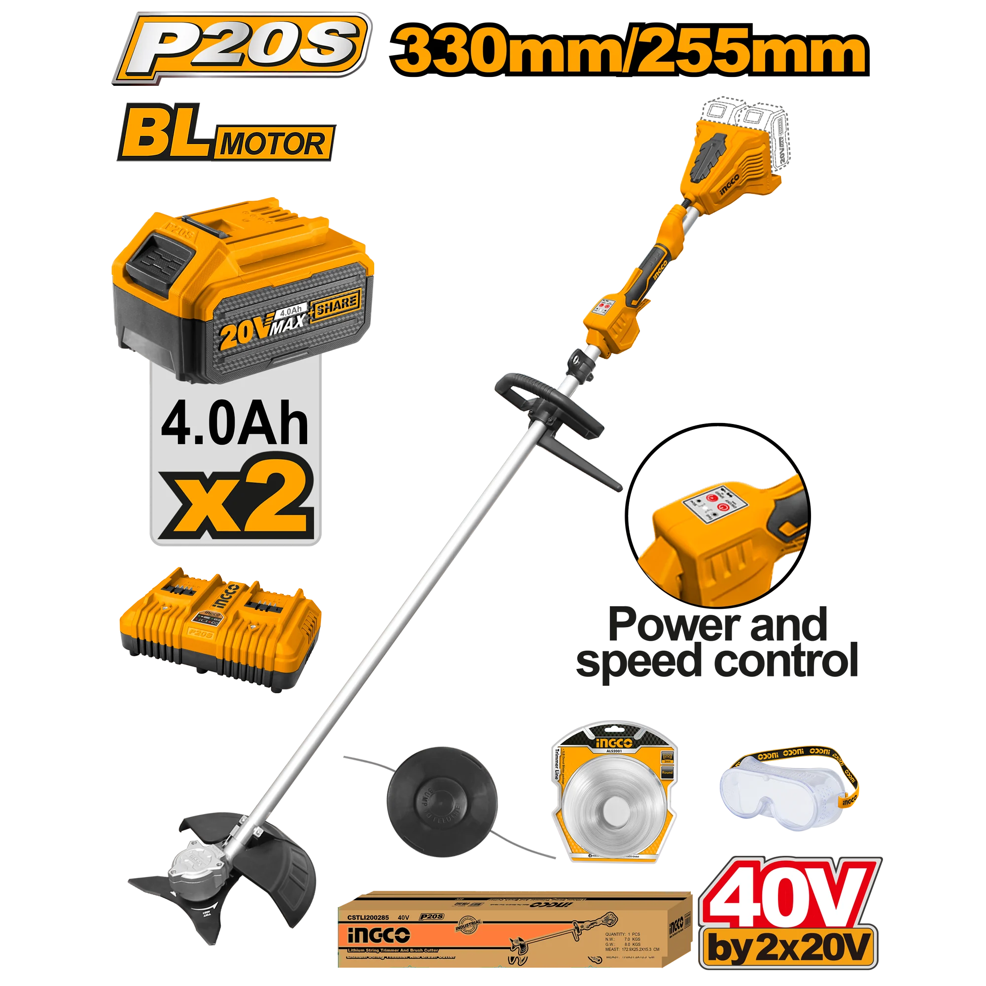 Триммер аккумуляторный Li-Ion 40V/2*4Ah INGCO CSTLI200285 Trimer pe acumulator Li-Ion 40V/2*4Ah INGCO CSTLI200285
