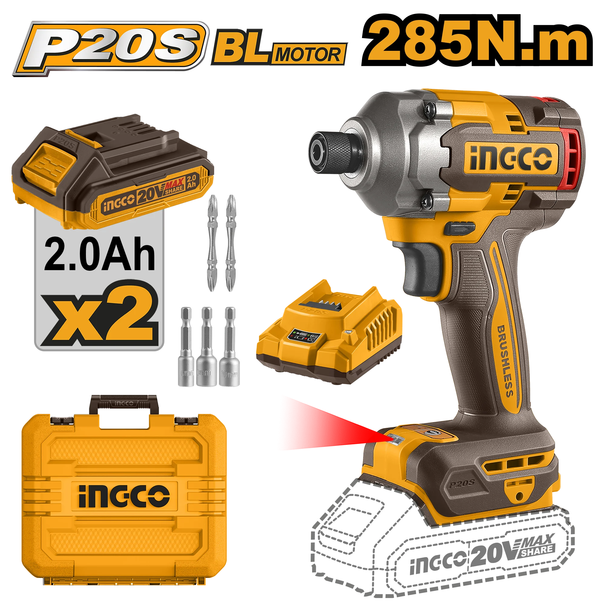 Masina de insurubat cu impact pe acumulator Li-Ion 20V/2*2A 285Nm INGCO CIRLI2028 Masina de insurubat cu impact pe acumulator Li-Ion 20V/2*2A 285Nm INGCO CIRLI2028