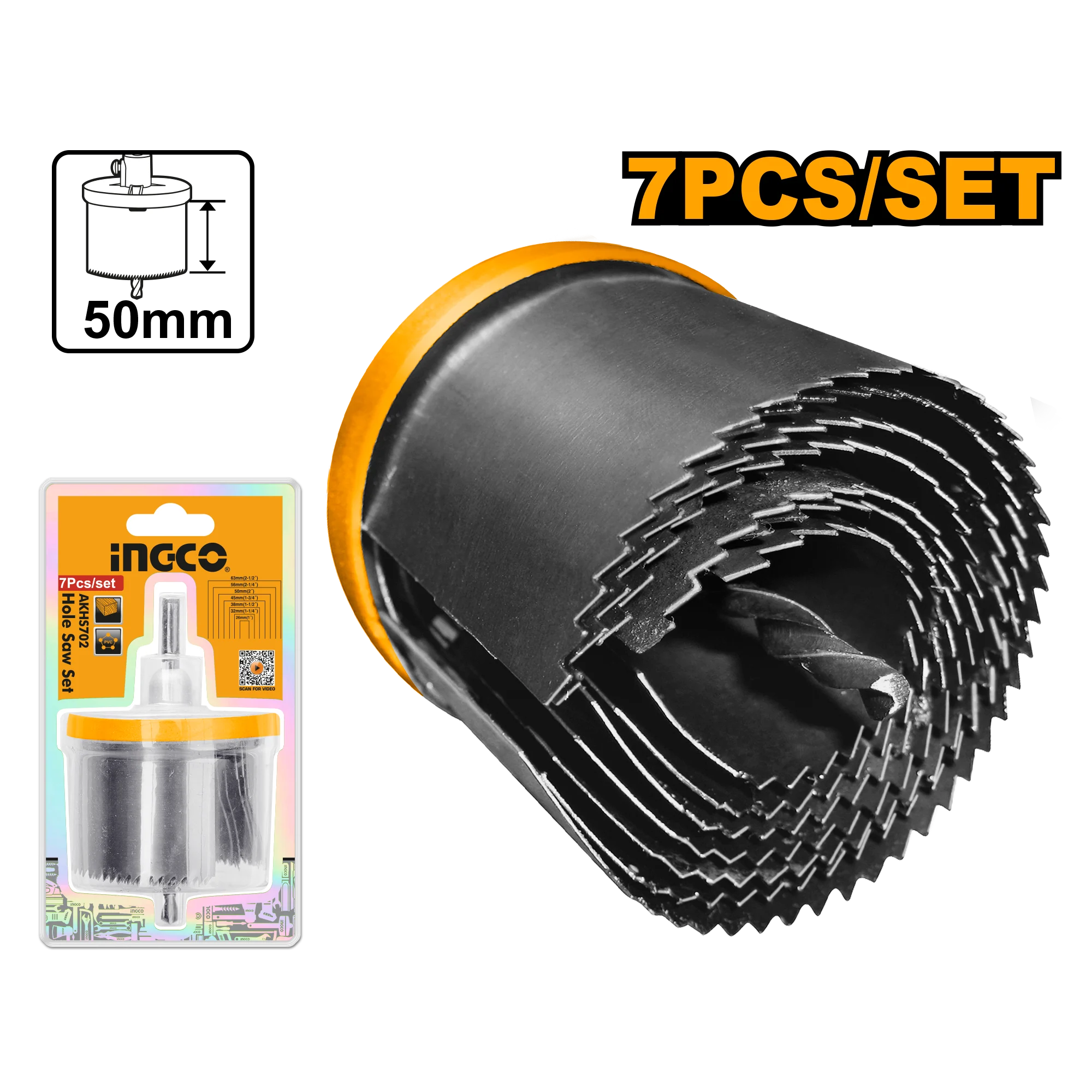 Set de 7 carote inelare pentru lemne 26-63mm INGCO AKHS702 Set de 7 carote inelare pentru lemne 26-63mm INGCO AKHS702