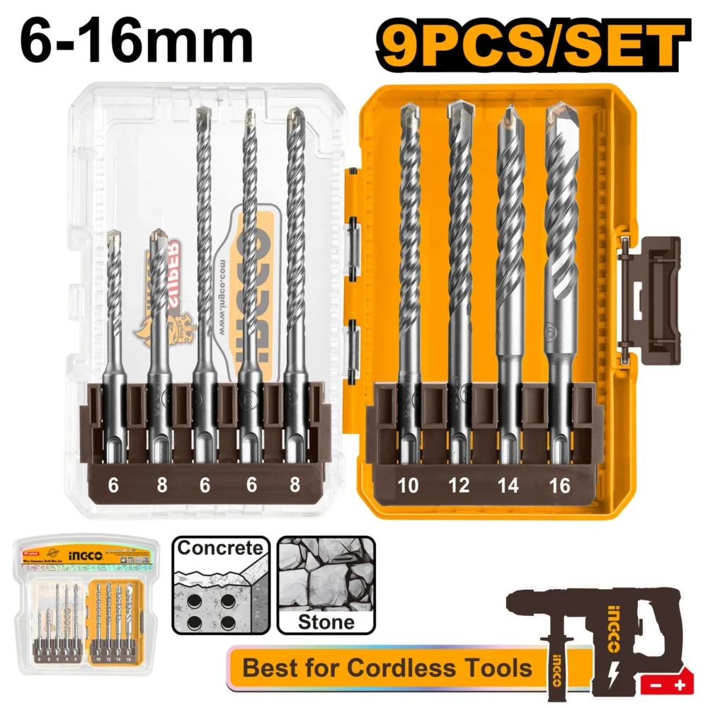 Set 9 piese burghie SDS Plus pentru ciocan rotopercutor INGCO AKDL30906