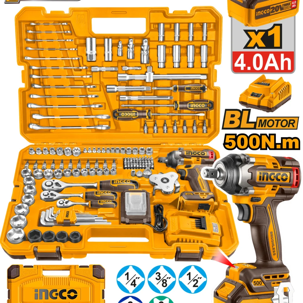 Mașină de înșurubat cu acumulator 550N.m 20V/1*4,0Ah +set chei combinate INGCO HKTHP31521