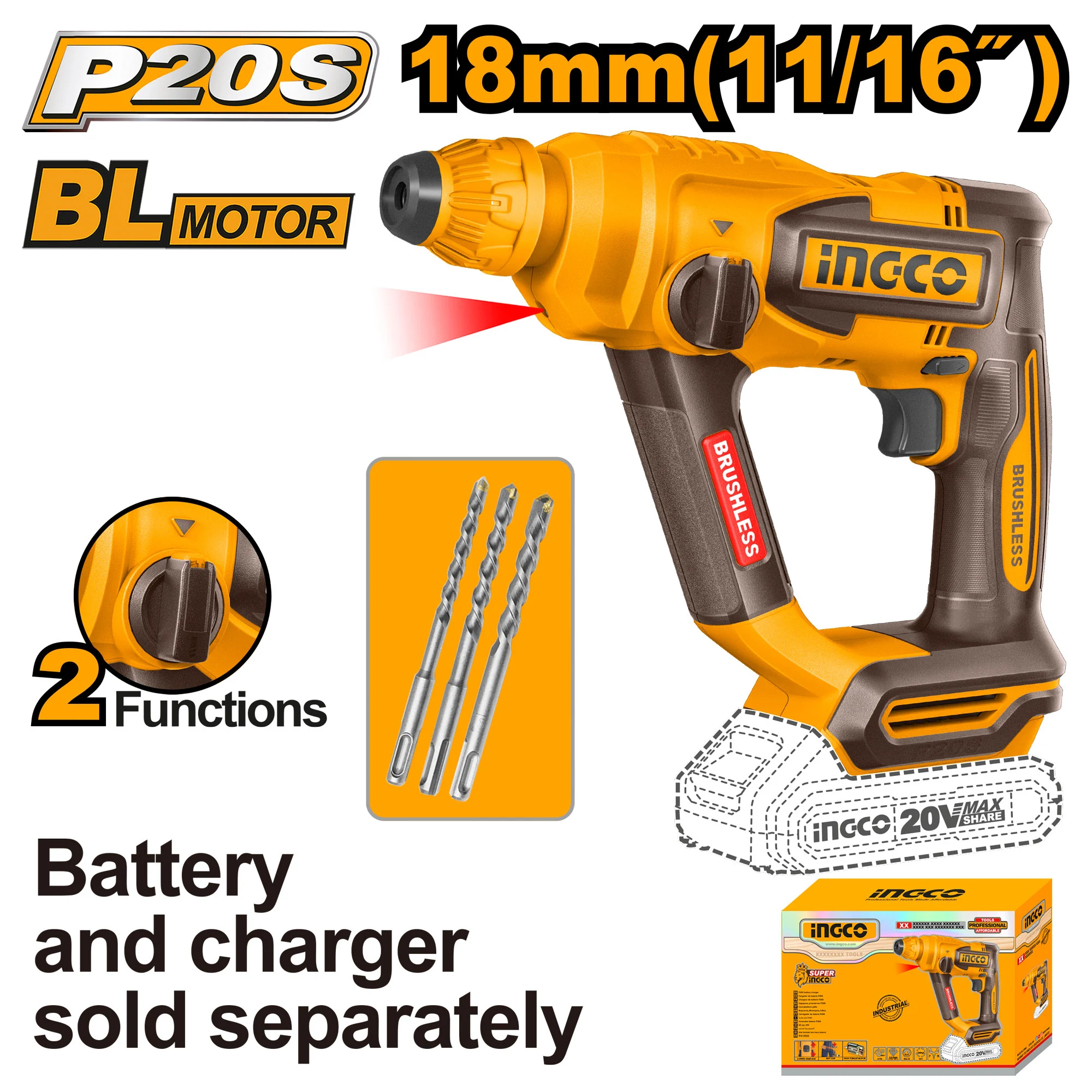 Ciocan rotopercutor compatibil cu acumulator 18mm BL motor INGCO CRHLI20188 Ciocan rotopercutor compatibil cu acumulator 18mm BL motor INGCO CRHLI20188