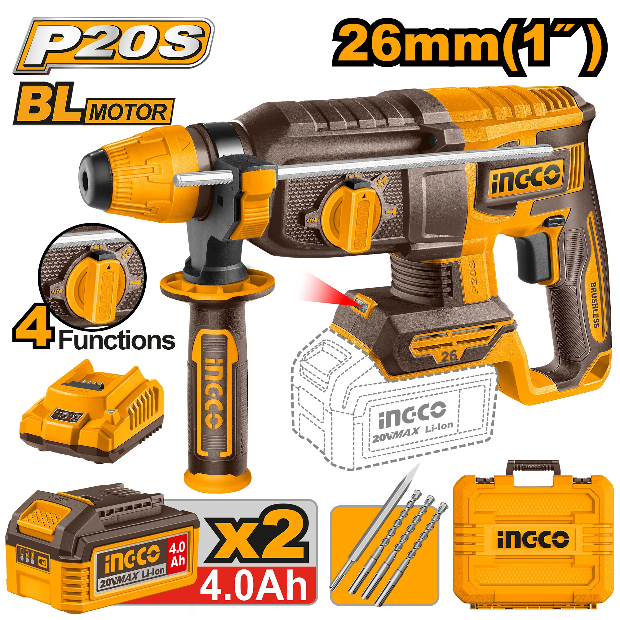 Перфоратор на аккумуляторе SDS plus 2.5J INDUSTRIAL INGCO CRHLI202682 Ciocan rotopercutor cu acumulator SDS plus 2.5J INDUSTRIAL INGCO CRHLI202682
