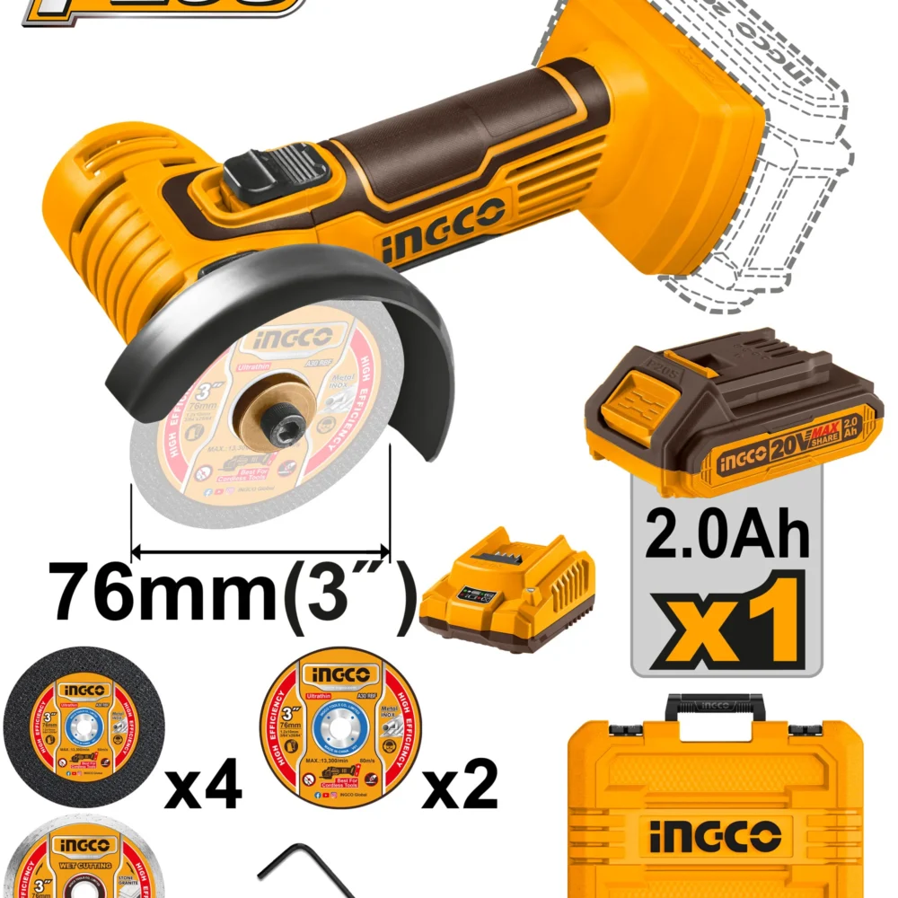 Mini polizor unghiular cu acumulator 20V/1*2,0Ah INGCO CAGLI76012