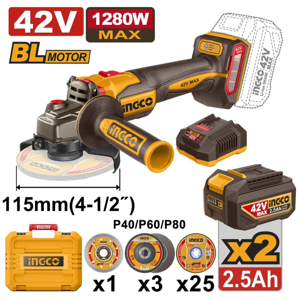 Polizor unghiular cu acumulator 42V/2*2.5Ah 1280W INGCO CAGLI4128112